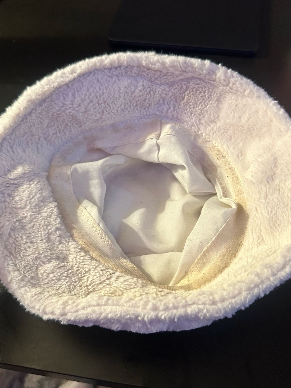 Prada Cream Faux-Fur Bucket Hat with Logo Plaque - Picture 6 of 7